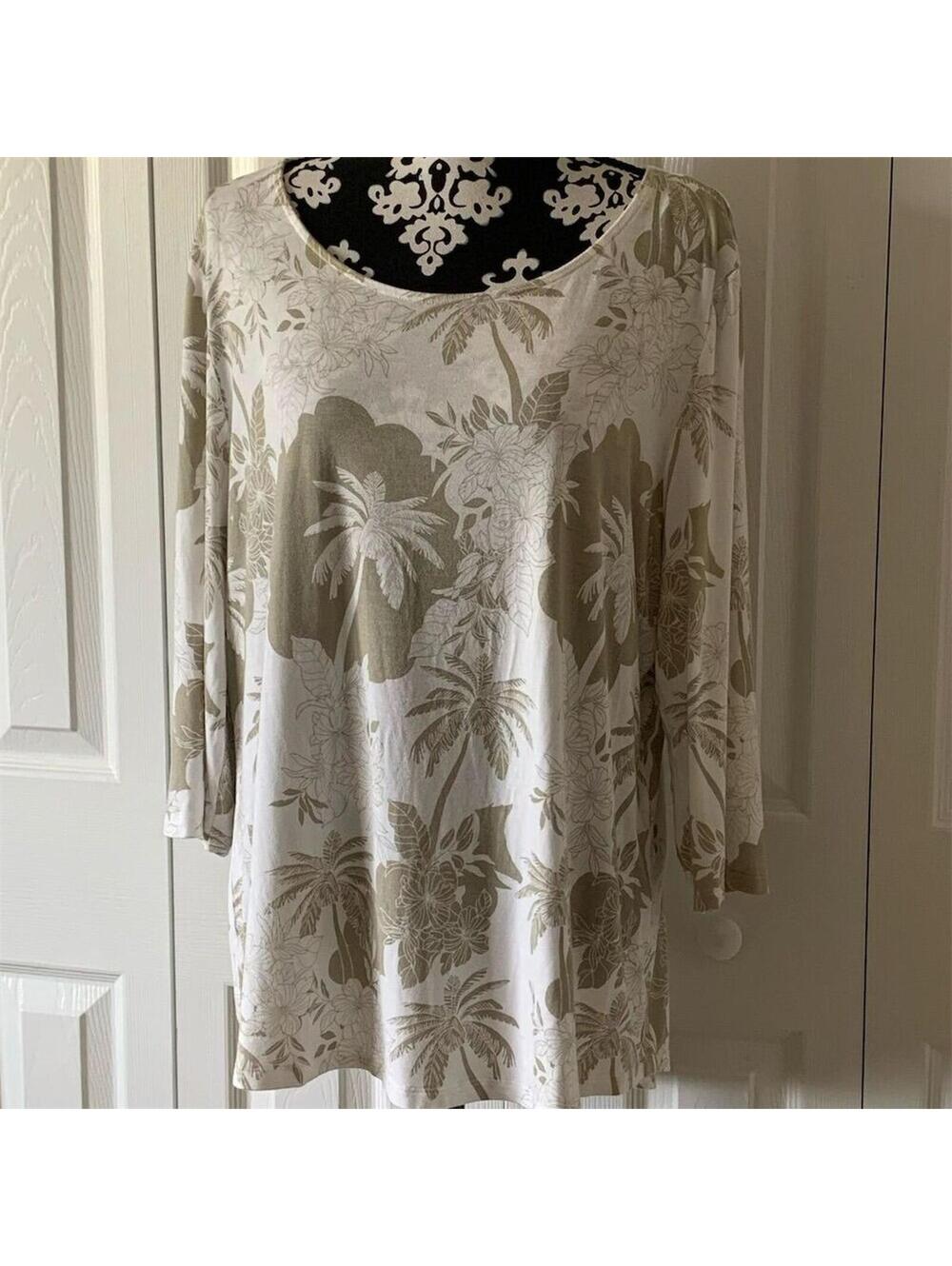 Palm Grove  Women's 1X Beige Floral 3/4‎ Sleeve Scoop Neck Blouse Casual